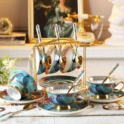 The Cozy Mug Küche & Esszimmer-Europäisches Tee- und Kaffeeset mit blauem Vogel – Tasse aus Knochenporzellan, Teekanne, Zuckerdose, Milchkännchen