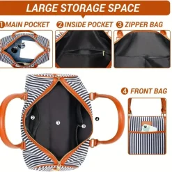 BagAura Taschen & Geldbörsen-Gestreifte Canvas-Reisetasche – Geräumig, robust und multifunktional