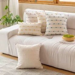 Pillow Haven Bettzeug-Gestreifter Jacquard-Kissenbezug - Blau Gelb Grau Rosa Beige