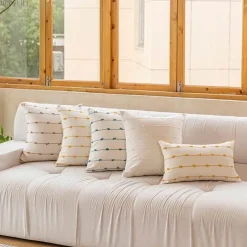 Pillow Haven Bettzeug-Gestreifter Jacquard-Kissenbezug - Blau Gelb Grau Rosa Beige