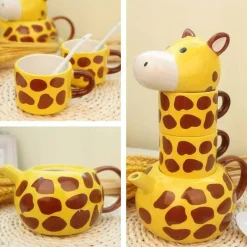 The Cozy Mug Küche & Esszimmer-Giraffen-Teekanne und Tassen-Set – süßes Tier-Küchengeschirr