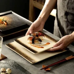 Elegance at the Table Küche & Esszimmer-Glasierte Barbecue-Flügelplatte im japanischen Stil mit Messer – Bratblech für Flügel und Fisch