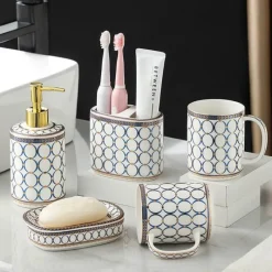 The Bath Nook Badezimmer-Gold Ceramic Circle Print Bathroom Set - Elegant Decor for Home