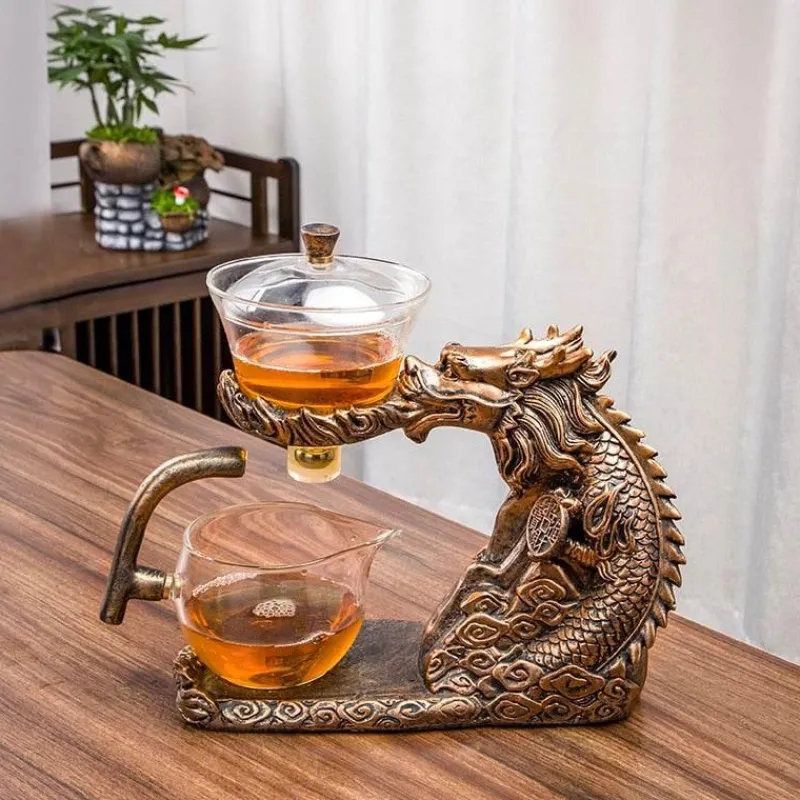 The Decor Haven Küche & Esszimmer-Golden Dragon Teekanne - Mystische Keramikteekanne