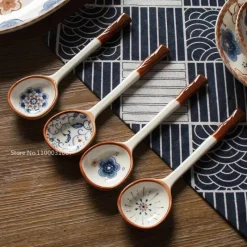 Plates u0026 More Küche & Esszimmer-Handbemaltes japanisches Dessertlöffel-Set aus Keramik – Löffel mit langem Griff