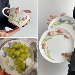 Tom Küche & Esszimmer-Handgefertigte Keramiktasse mit 3D-Prägung in Tulpenform – Tasse mit elegantem Blumendesign