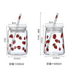 Plates u0026 More Küche & Esszimmer-Handgefertigtes Glasbecher-Set – 600 ml Erdbeer-Kaltgetränkebecher mit Trinkhalmen