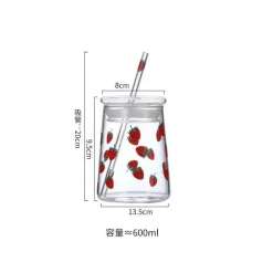 Plates u0026 More Küche & Esszimmer-Handgefertigtes Glasbecher-Set – 600 ml Erdbeer-Kaltgetränkebecher mit Trinkhalmen