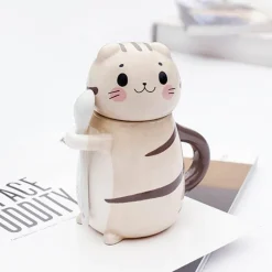 The Cozy Mug Küche & Esszimmer-Handgemachte Katzen-Kaffeetasse mit Löffel - Süße Keramiktasse