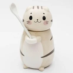 The Cozy Mug Küche & Esszimmer-Handgemachte Katzen-Kaffeetasse mit Löffel - Süße Keramiktasse