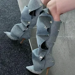 Damen Wilderness Haven Damenschuhe-High Heel Denim Boots für Damen – Stylische lange Jeansschuhe