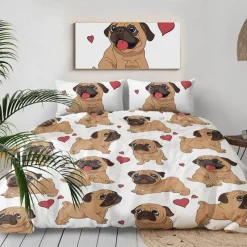 The Gilded Nest Wohndeko-Hippie-Mops-Welpen-Bettwäscheset – 3-teiliges Cartoon-Bettbezug-Komfortset