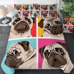 The Gilded Nest Wohndeko-Hippie-Mops-Welpen-Bettwäscheset – 3-teiliges Cartoon-Bettbezug-Komfortset