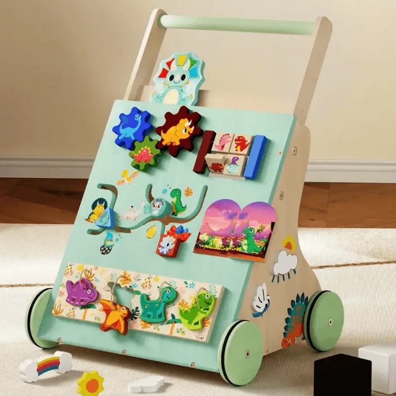 Vatos Toys Babyspielzeug-Hölzerner Dinosaurier-Baby-Lauflernwagen Montessori Sit-to-Stand-Lernaktivitätszentrum