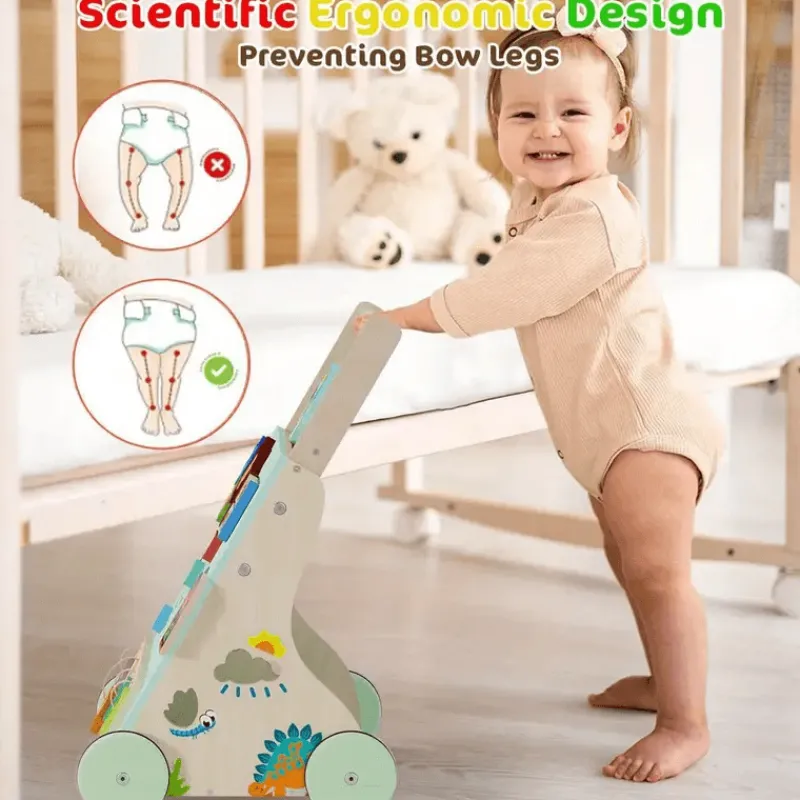 Vatos Toys Babyspielzeug-Hölzerner Dinosaurier-Baby-Lauflernwagen Montessori Sit-to-Stand-Lernaktivitätszentrum