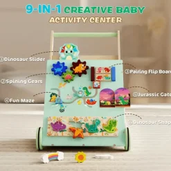 Vatos Toys Babyspielzeug-Hölzerner Dinosaurier-Baby-Lauflernwagen Montessori Sit-to-Stand-Lernaktivitätszentrum
