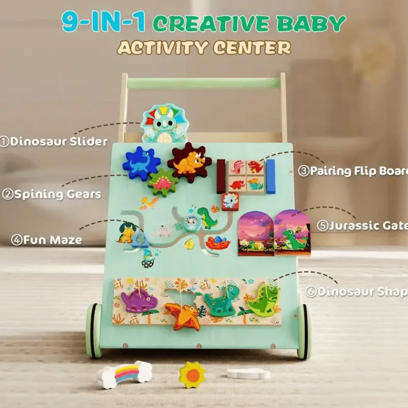 Vatos Toys Babyspielzeug-Hölzerner Dinosaurier-Baby-Lauflernwagen Montessori Sit-to-Stand-Lernaktivitätszentrum