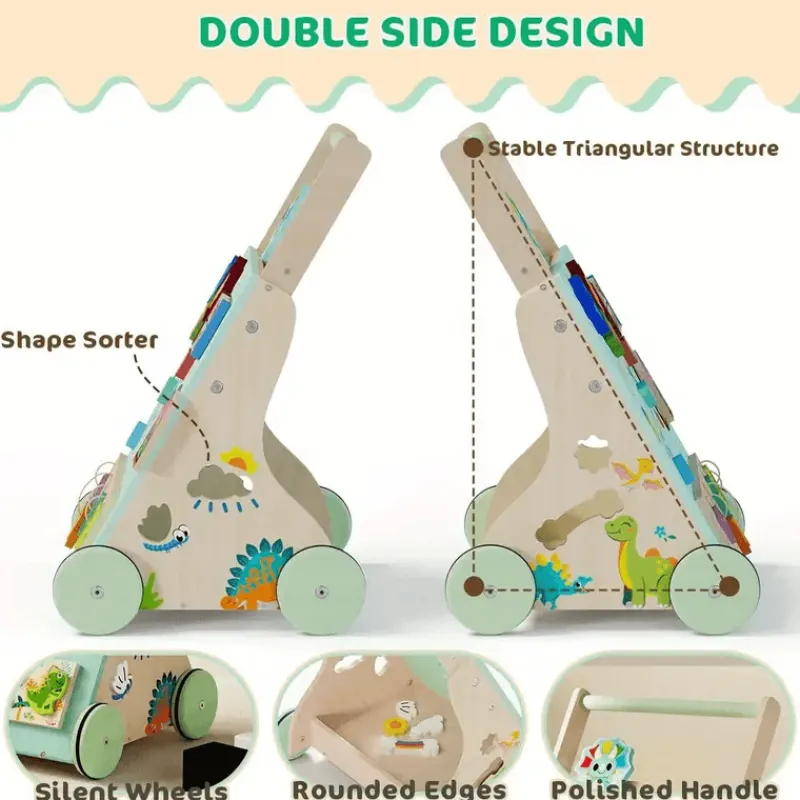 Vatos Toys Babyspielzeug-Hölzerner Dinosaurier-Baby-Lauflernwagen Montessori Sit-to-Stand-Lernaktivitätszentrum