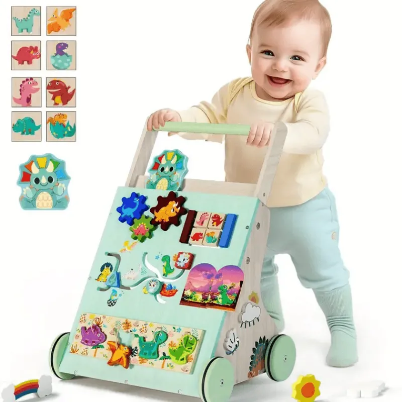 Vatos Toys Babyspielzeug-Hölzerner Dinosaurier-Baby-Lauflernwagen Montessori Sit-to-Stand-Lernaktivitätszentrum