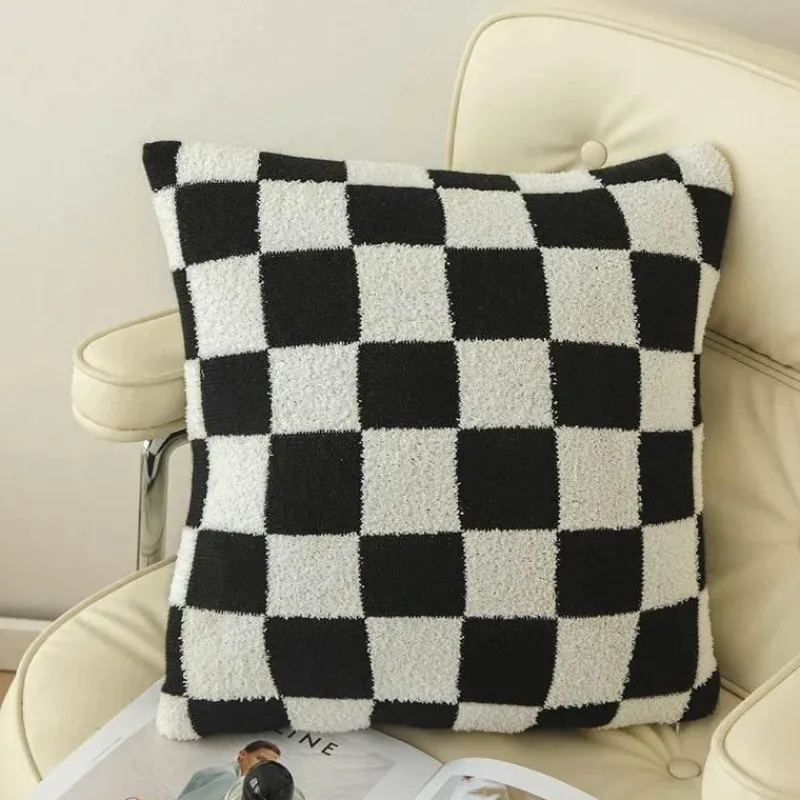 Pillow Haven Bettzeug|Wohndeko-Karierte Flockkissenhülle - Schwarz Orange Grün Dekokissen