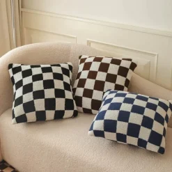 Pillow Haven Bettzeug|Wohndeko-Karierte Flockkissenhülle - Schwarz Orange Grün Dekokissen