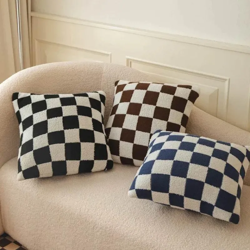 Pillow Haven Bettzeug|Wohndeko-Karierte Flockkissenhülle - Schwarz Orange Grün Dekokissen