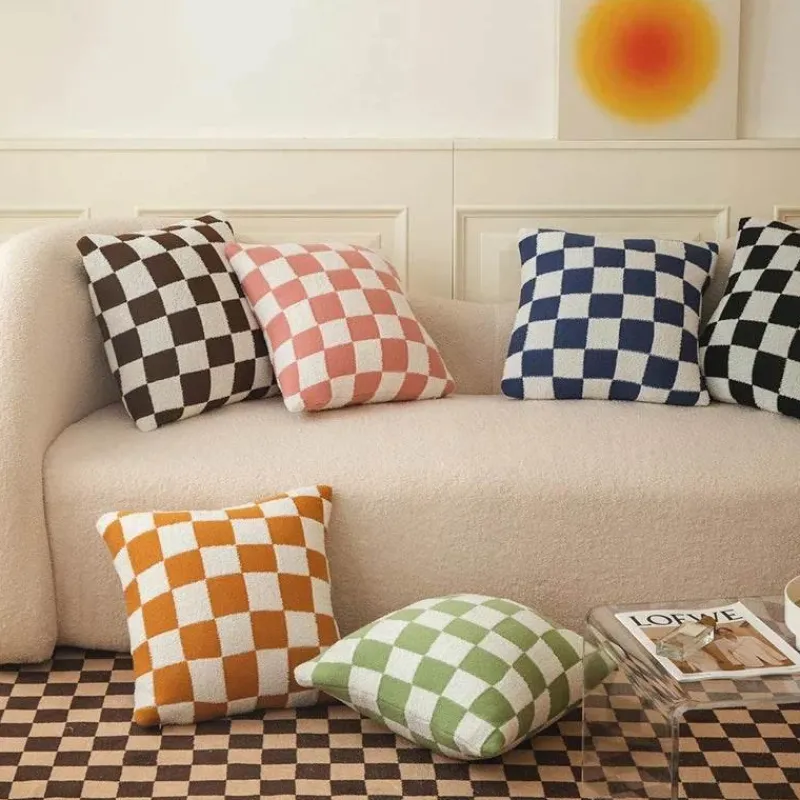 Pillow Haven Bettzeug|Wohndeko-Karierte Flockkissenhülle - Schwarz Orange Grün Dekokissen