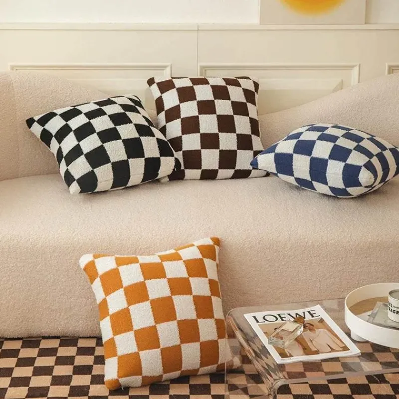 Pillow Haven Bettzeug|Wohndeko-Karierte Flockkissenhülle - Schwarz Orange Grün Dekokissen