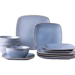 Tom Küche & Esszimmer-Keramik-Geschirrset für 4 - 12 Stück, handbemalte quadratische Teller und Schüsseln