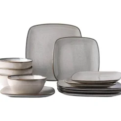 Tom Küche & Esszimmer-Keramik-Geschirrset für 4 - 12 Stück, handbemalte quadratische Teller und Schüsseln