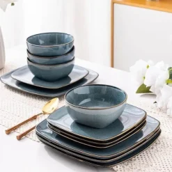 Tom Küche & Esszimmer-Keramik-Geschirrset für 4 - 12 Stück, handbemalte quadratische Teller und Schüsseln