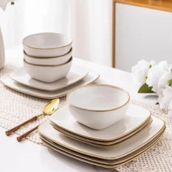 Tom Küche & Esszimmer-Keramik-Geschirrset für 4 - 12 Stück, handbemalte quadratische Teller und Schüsseln