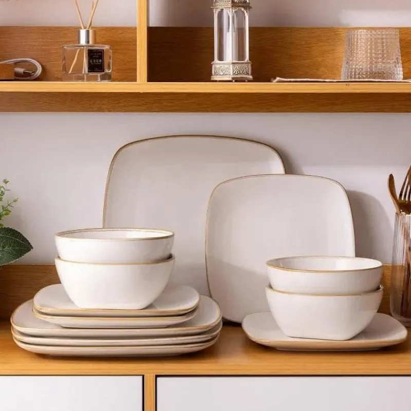 Tom Küche & Esszimmer-Keramik-Geschirrset für 4 - 12 Stück, handbemalte quadratische Teller und Schüsseln