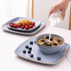 Tom Küche & Esszimmer-Keramik-Geschirrset für 4 - 12 Stück, handbemalte quadratische Teller und Schüsseln