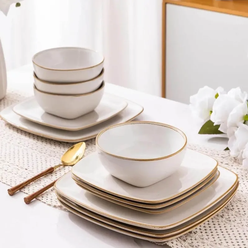 Tom Küche & Esszimmer-Keramik-Geschirrset für 4 - 12 Stück, handbemalte quadratische Teller und Schüsseln