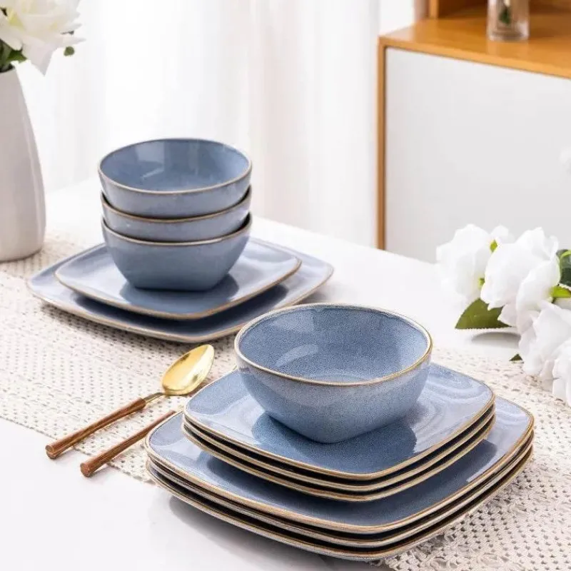 Tom Küche & Esszimmer-Keramik-Geschirrset für 4 - 12 Stück, handbemalte quadratische Teller und Schüsseln