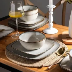 Tom Küche & Esszimmer-Keramik-Geschirrset für 4 - 12 Stück, handbemalte quadratische Teller und Schüsseln