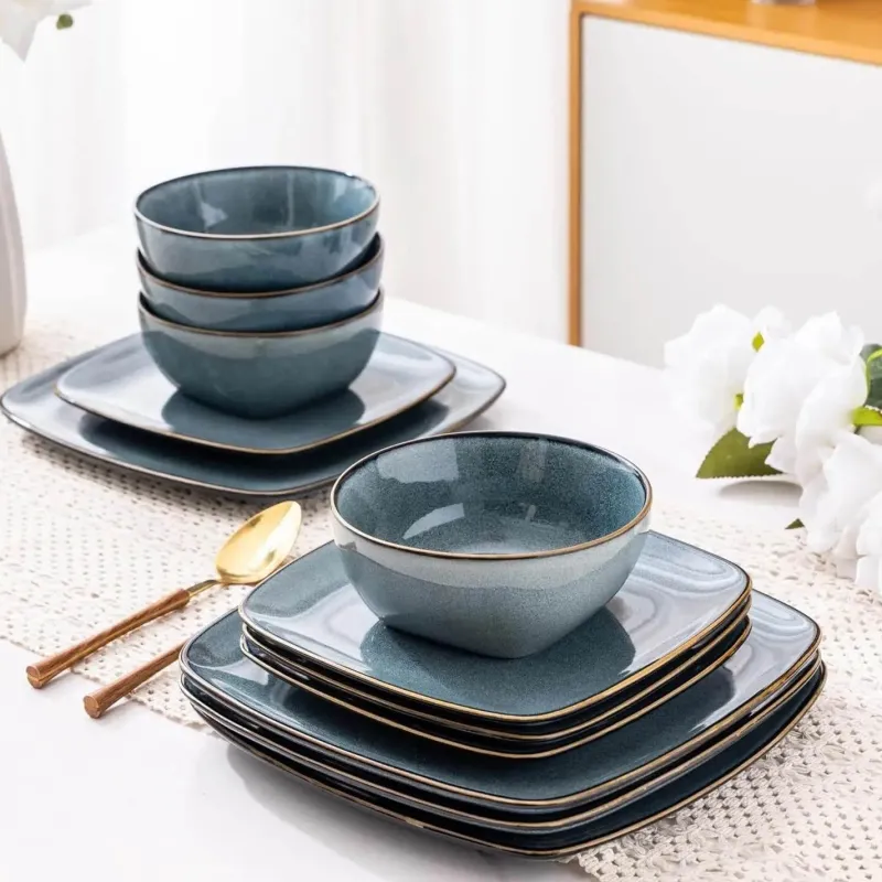 Tom Küche & Esszimmer-Keramik-Geschirrset für 4 - 12 Stück, handbemalte quadratische Teller und Schüsseln