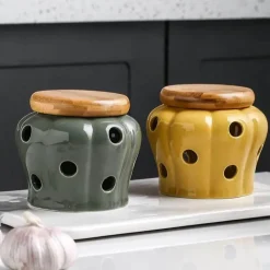 Tom Küche & Esszimmer-Keramik-Knoblauchbehälter mit Deckel – hohles, durchbrochenes Vorratsglas für frischen Knoblauch