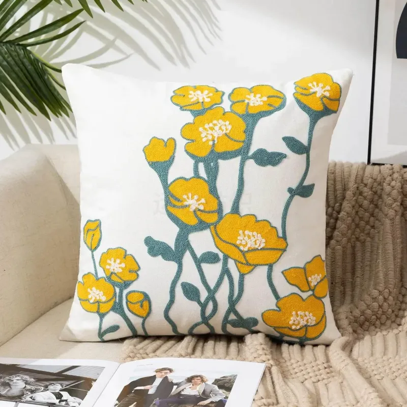 Pillow Haven Bettzeug-Kissenbezug mit Blumenstickerei - Baumwoll-Canvas-Heimdekor