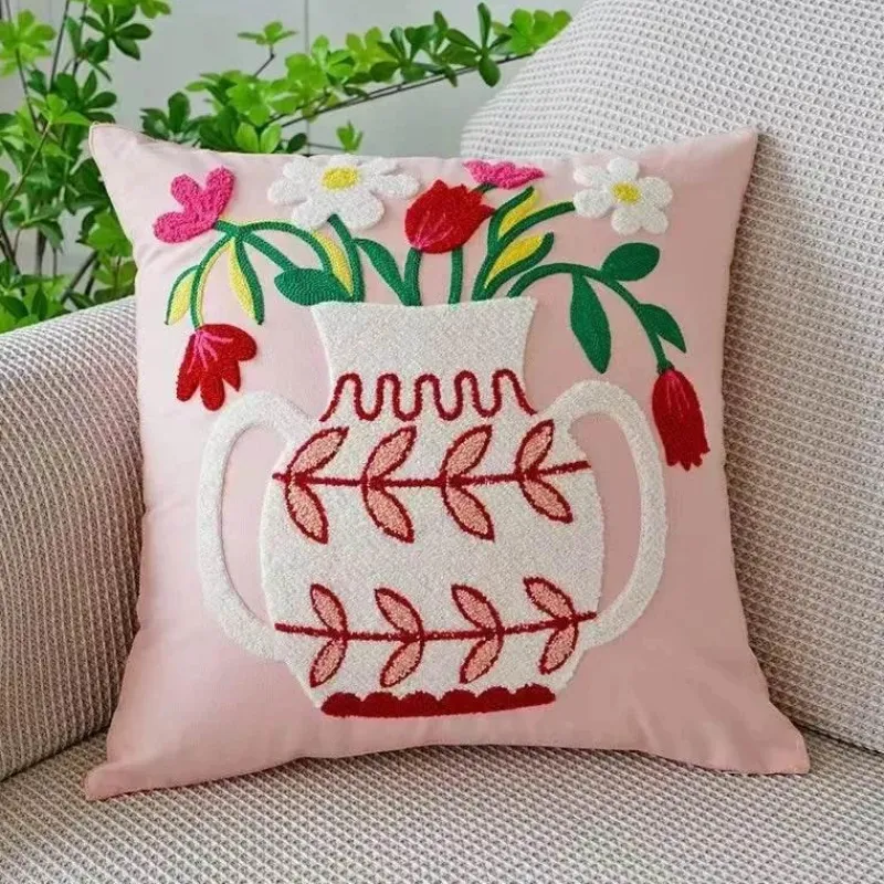 Pillow Haven Bettzeug-Kissenbezug mit Blumenstickerei - Baumwoll-Canvas-Heimdekor