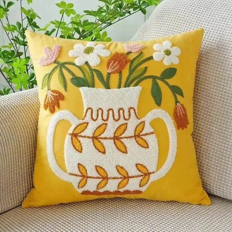 Pillow Haven Bettzeug-Kissenbezug mit Blumenstickerei - Baumwoll-Canvas-Heimdekor