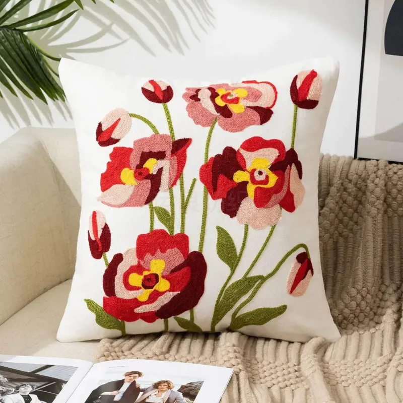 Pillow Haven Bettzeug-Kissenbezug mit Blumenstickerei - Baumwoll-Canvas-Heimdekor