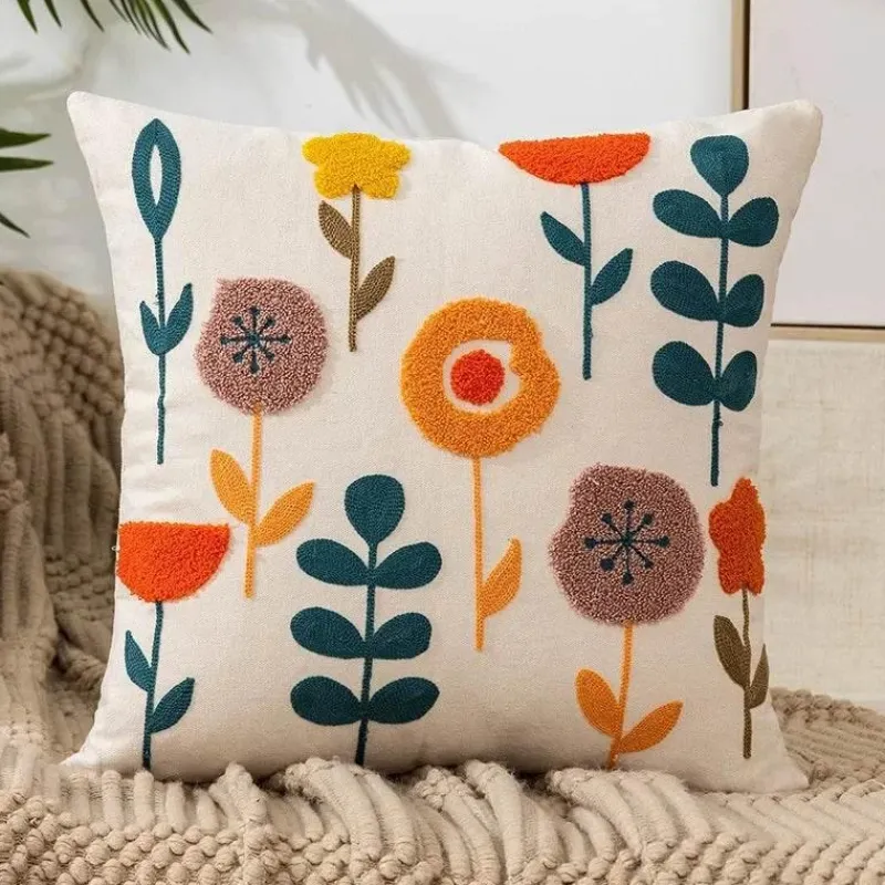 Pillow Haven Bettzeug-Kissenbezug mit Blumenstickerei - Baumwoll-Canvas-Heimdekor
