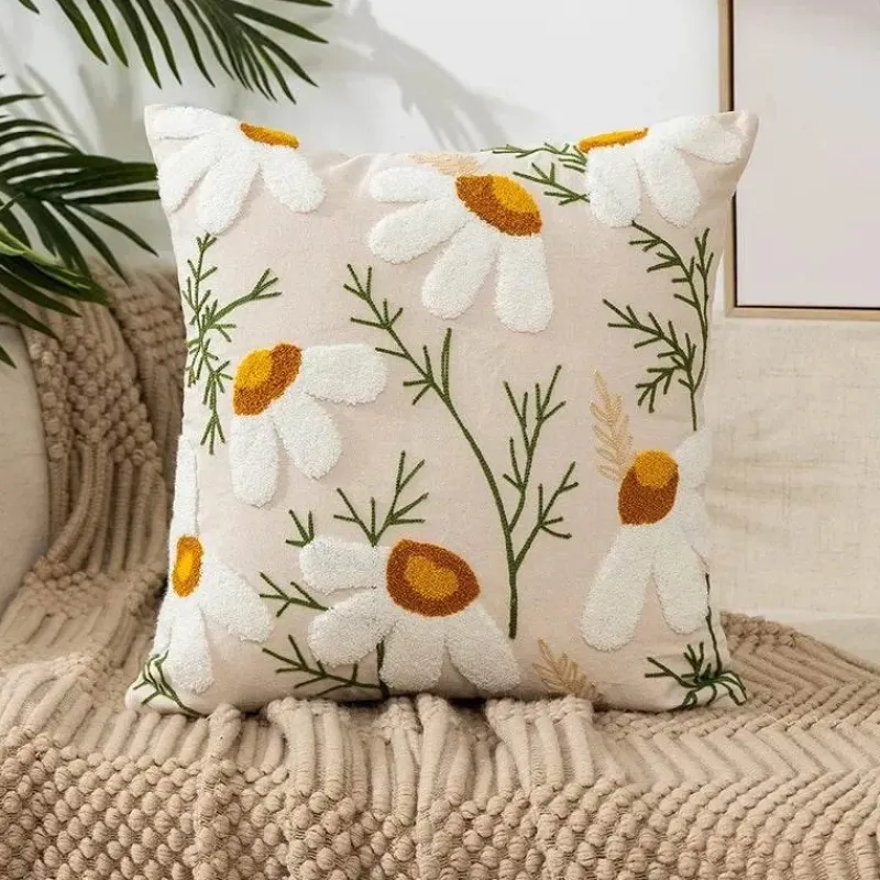 Pillow Haven Bettzeug-Kissenbezug mit Blumenstickerei - Baumwoll-Canvas-Heimdekor