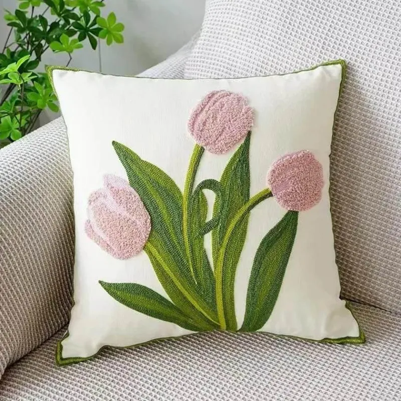 Pillow Haven Bettzeug-Kissenbezug mit Blumenstickerei - Baumwoll-Canvas-Heimdekor
