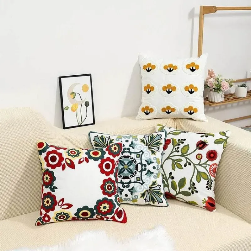 Pillow Haven Bettzeug-Kissenbezug mit Blumenstickerei 45x45 - Luxus-Canvas-Heimdekor