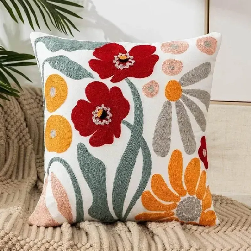 Pillow Haven Bettzeug-Kissenbezug mit Blumenstickerei 45x45 - Luxus-Canvas-Heimdekor