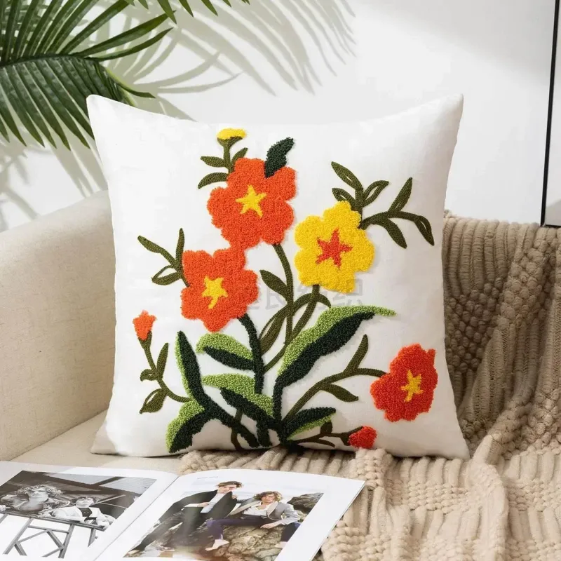 Pillow Haven Bettzeug-Kissenbezug mit Blumenstickerei 45x45 - Luxus-Canvas-Heimdekor