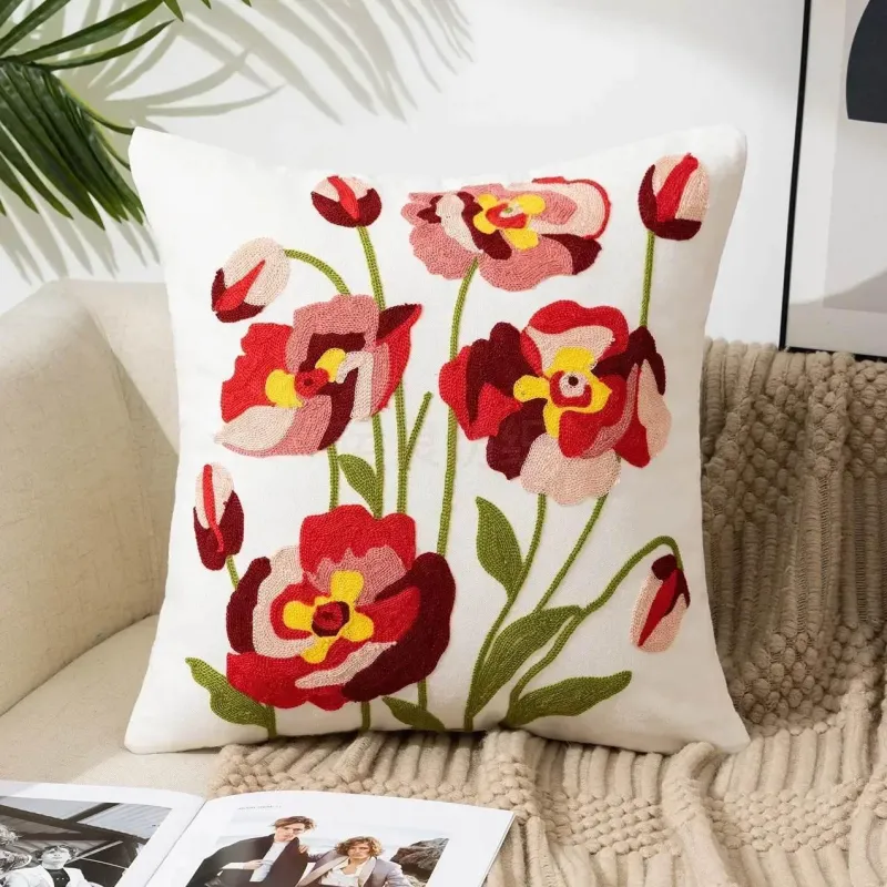 Pillow Haven Bettzeug-Kissenbezug mit Blumenstickerei 45x45 - Luxus-Canvas-Heimdekor